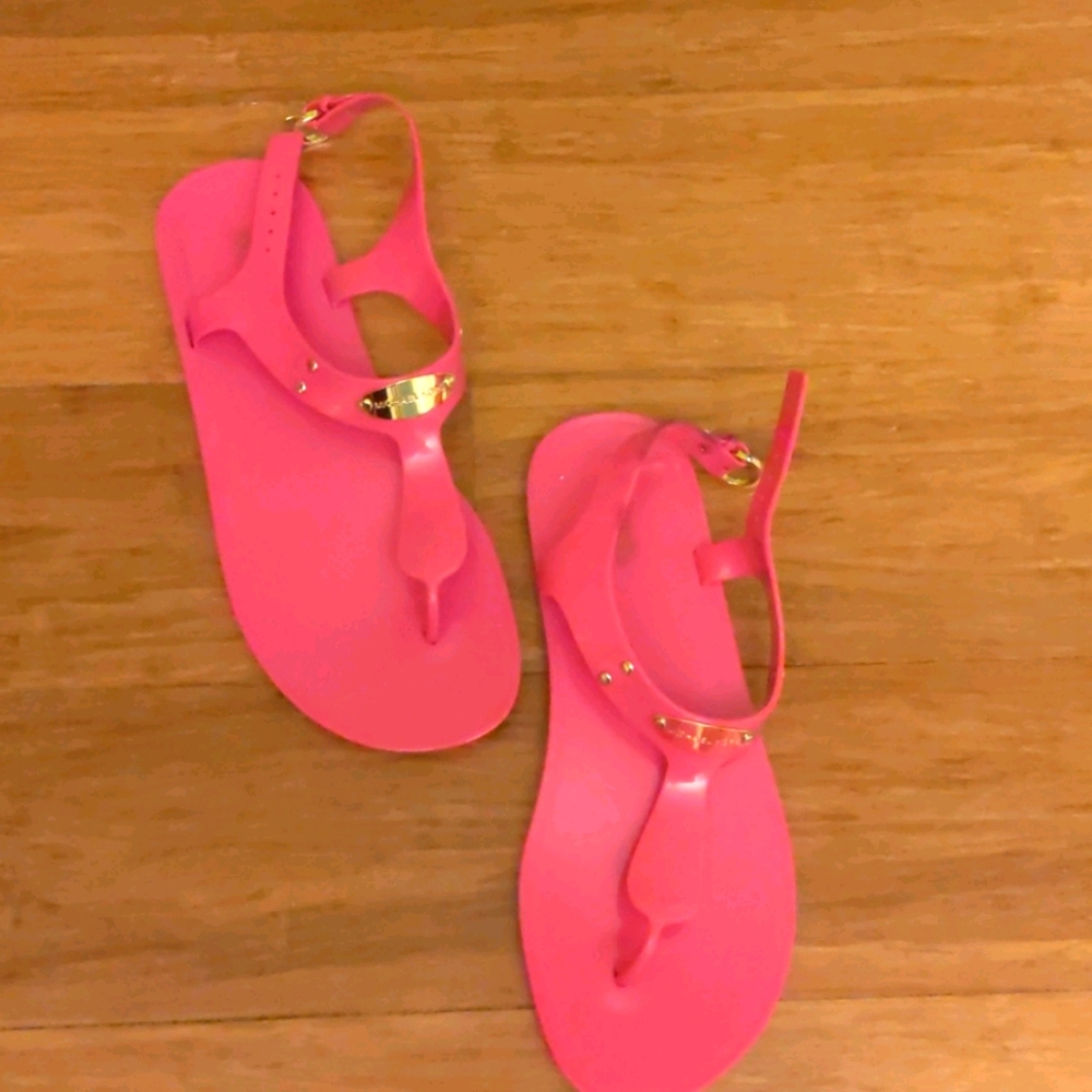 Michael Kors Hot Pink Jelly T-Strap Sandals with Gold Accent